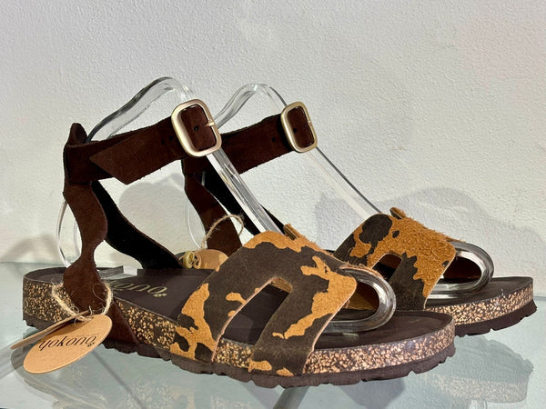 Yokono | JERBA-262 | Cow Print Flat Sandals with Ankle Strap | Beige/Brown
