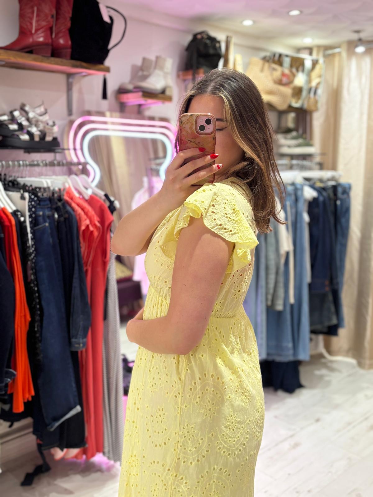 Broderie Anglaise Cotton Midaxi Dress | Yellow