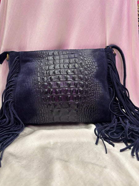 Leather Croc Detail Suede Tassel Crossbody Bag | Navy