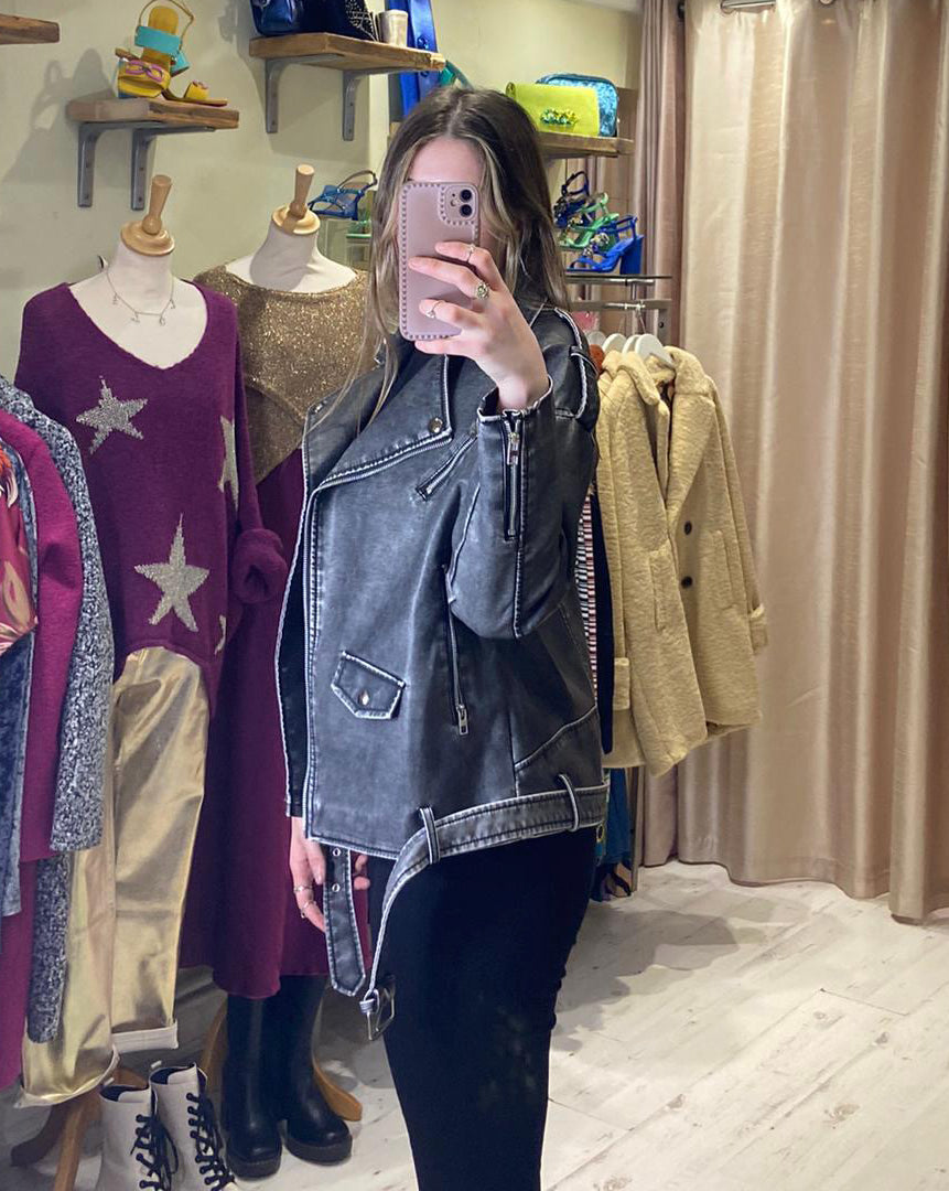 Oversized Distressed Biker Jacket | Black Faux Leather
