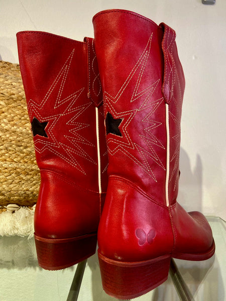 Long Leather Cowboy Boot | Red Multi