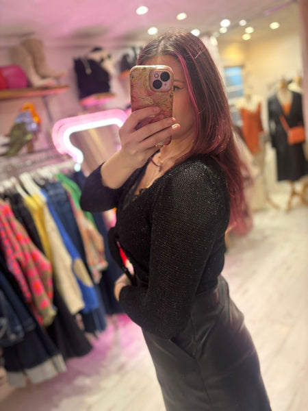 Metallic Knit Tie Front Cardigan | Black