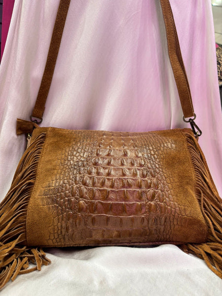 Leather Croc Detail Suede Tassel Crossbody Bag | Tan
