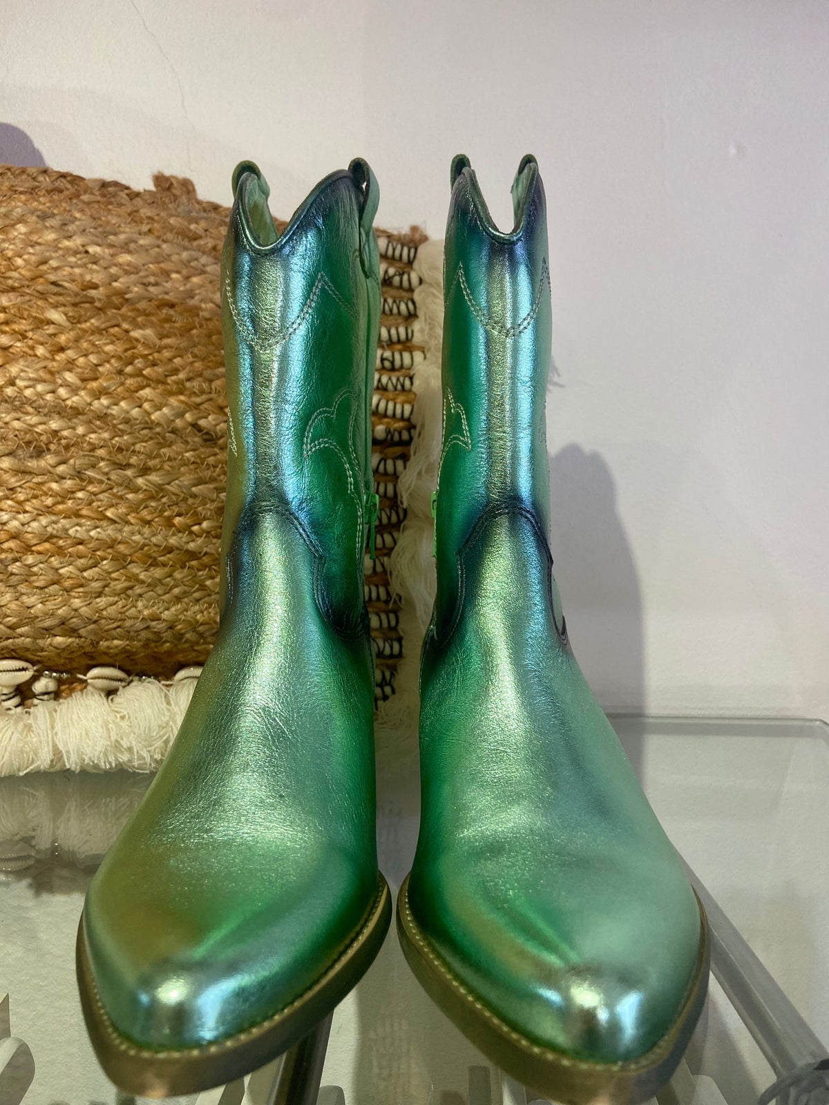 Felmini | Long Metallic Leather Cowboy Boot | Aqua