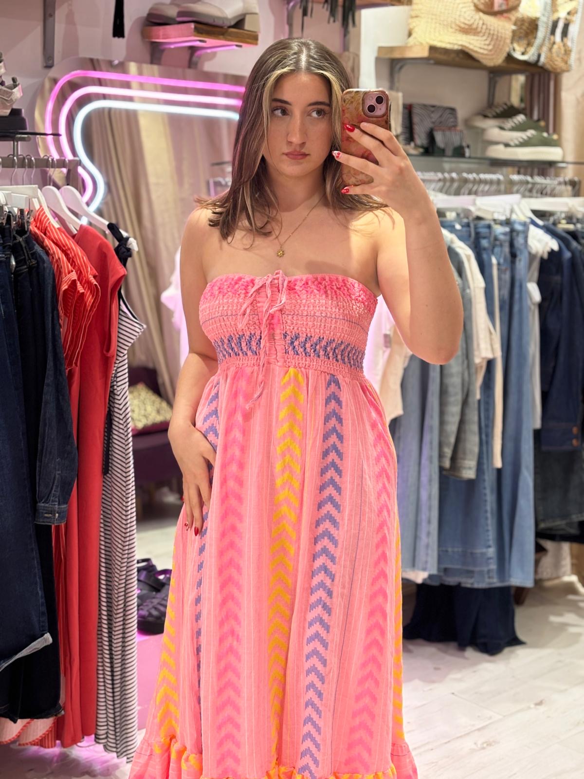 Geometric Print Boho Bandeau Dress | Coral Multi