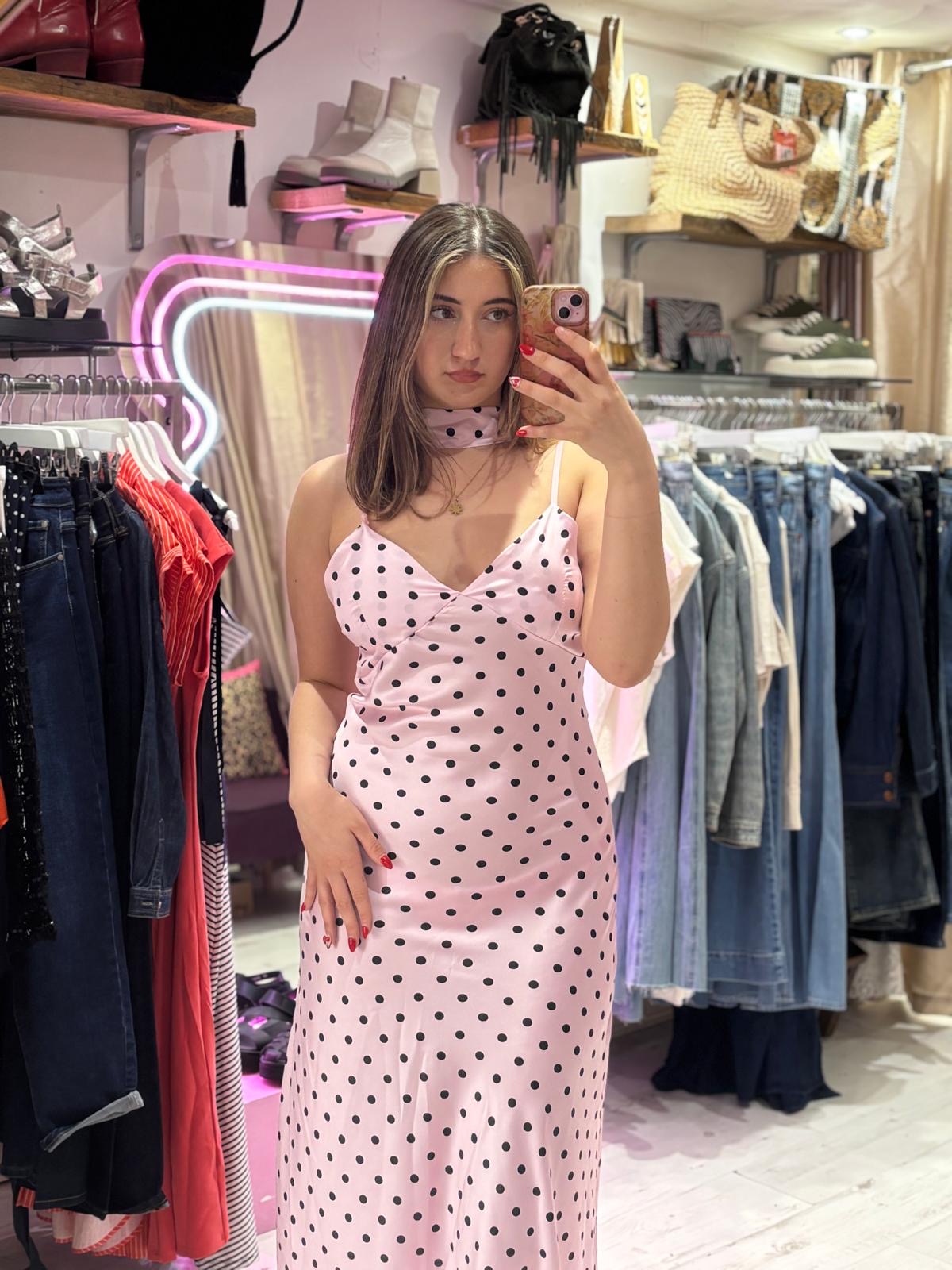 Polka Dot Silky Midi Dress | Pale Pink