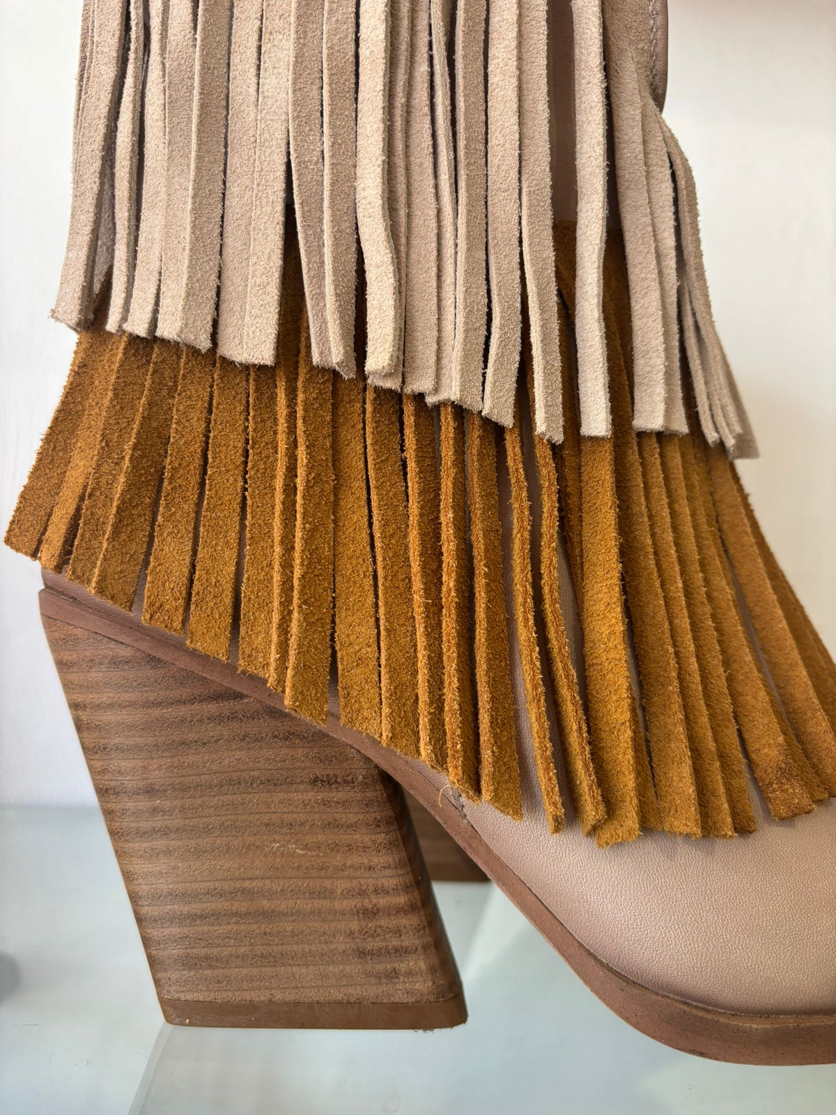 Felmini | Leather and Suede Fringed Heeled Cowboy Boot | Moonlight/Sand