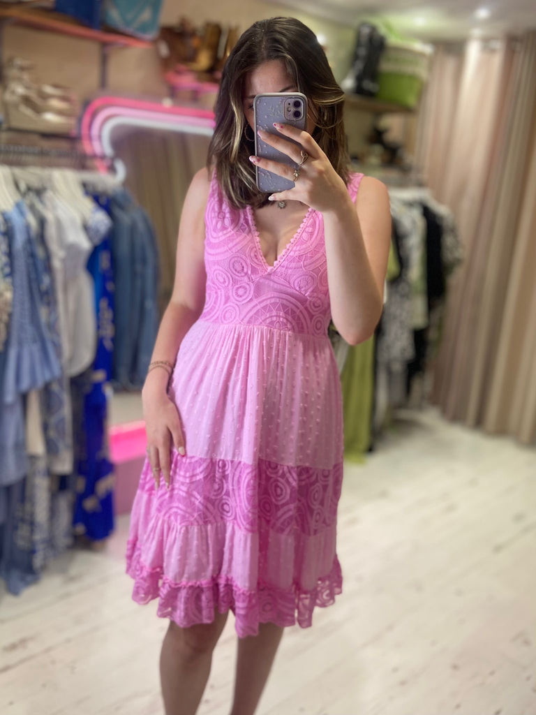 Pink lace tiered dress deals