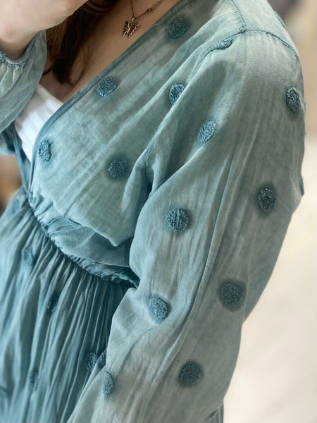 Long Sleeved Spot Cotton Maxi Dress | Teal