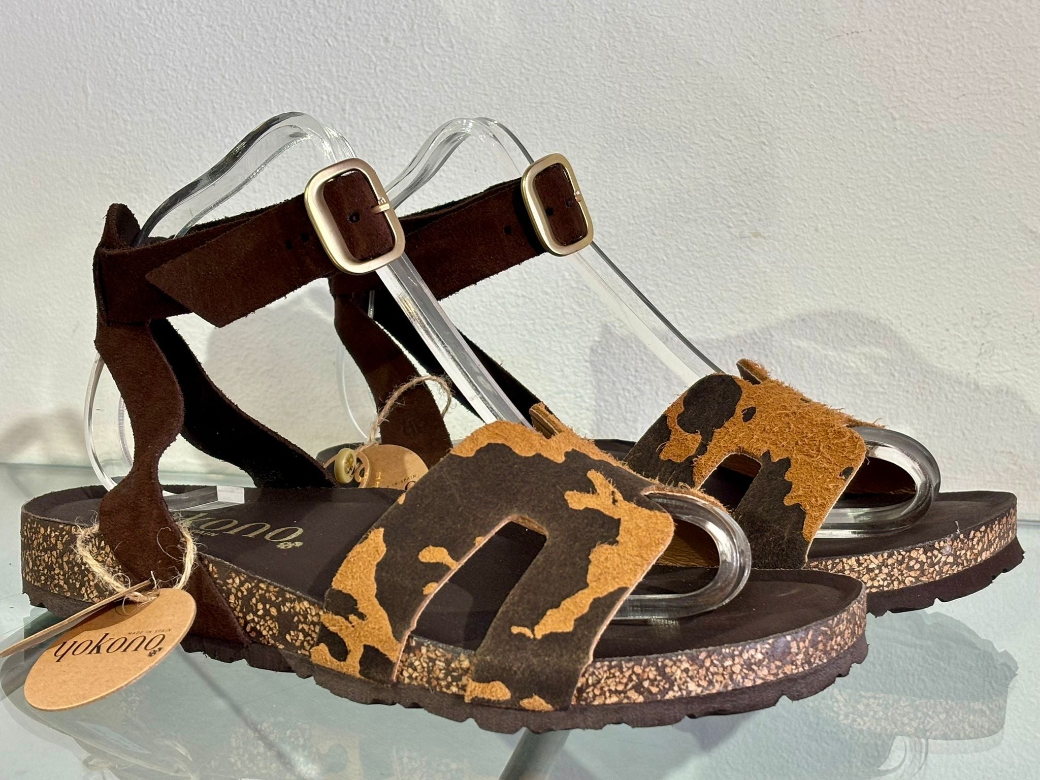 Yokono | JERBA-262 | Cow Print Flat Sandals with Ankle Strap | Beige/Brown