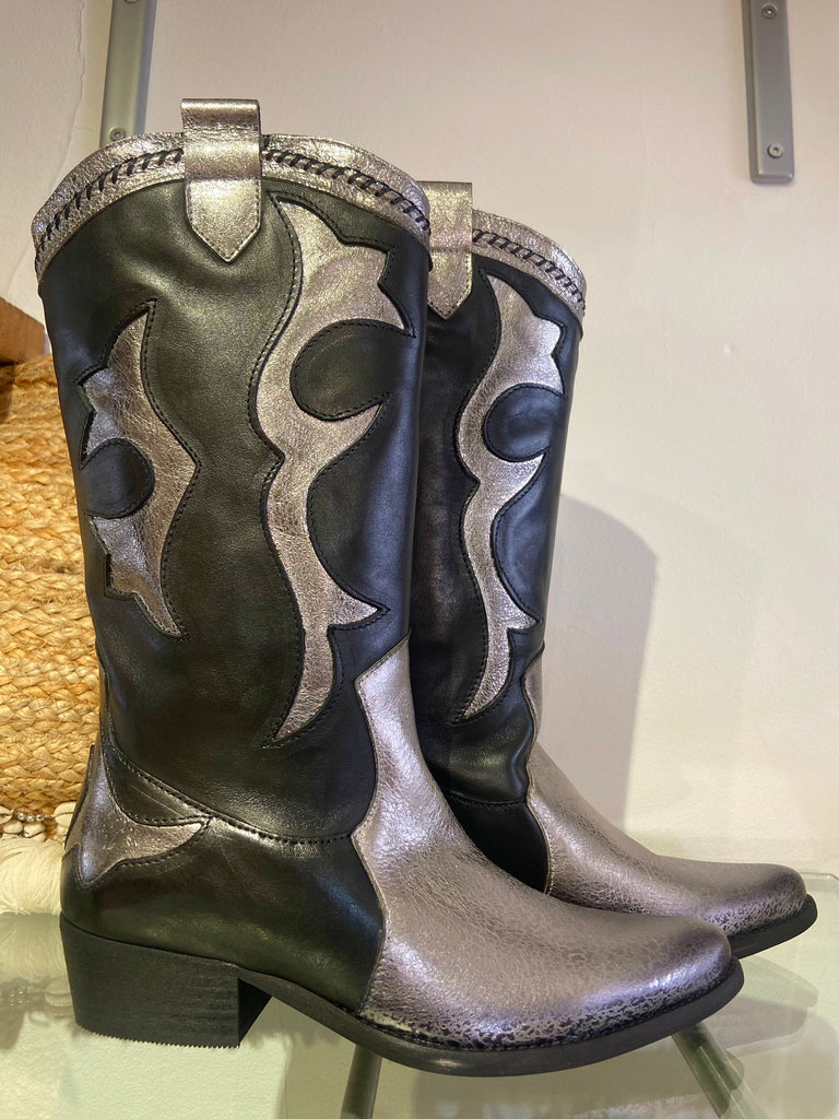 Long Two Tone Cowboy Boot Black Silver Pink Flamingo Boutique Kent
