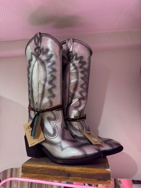 Felmini | Long Heeled Leather Cowboy Boot | Silver