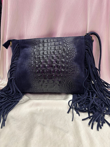 Leather Croc Detail Suede Tassel Crossbody Bag | Navy