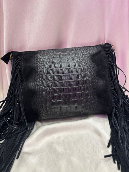 Leather Croc Detail Suede Tassel Crossbody Bag | Black
