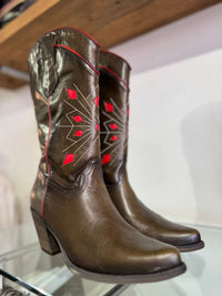 Felmini | Long Leather Cowboy Boot | Green/Red
