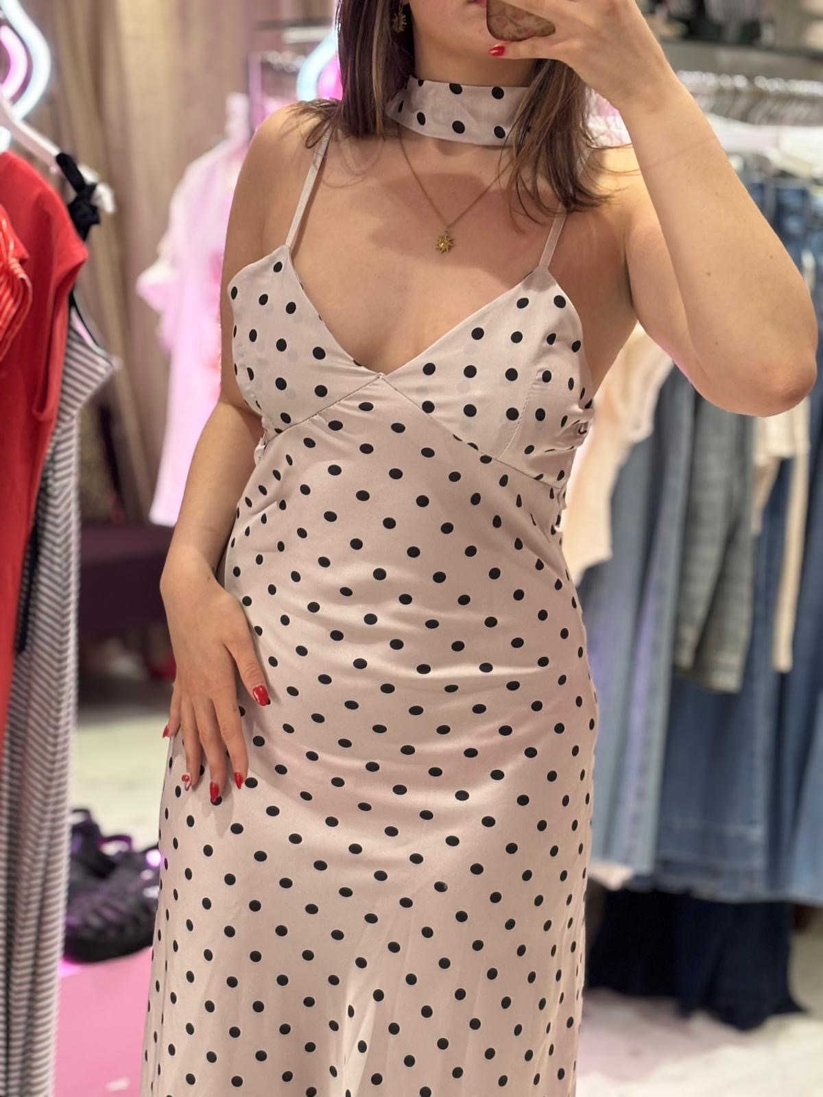 Polka Dot Silky Midi Dress | Light Beige