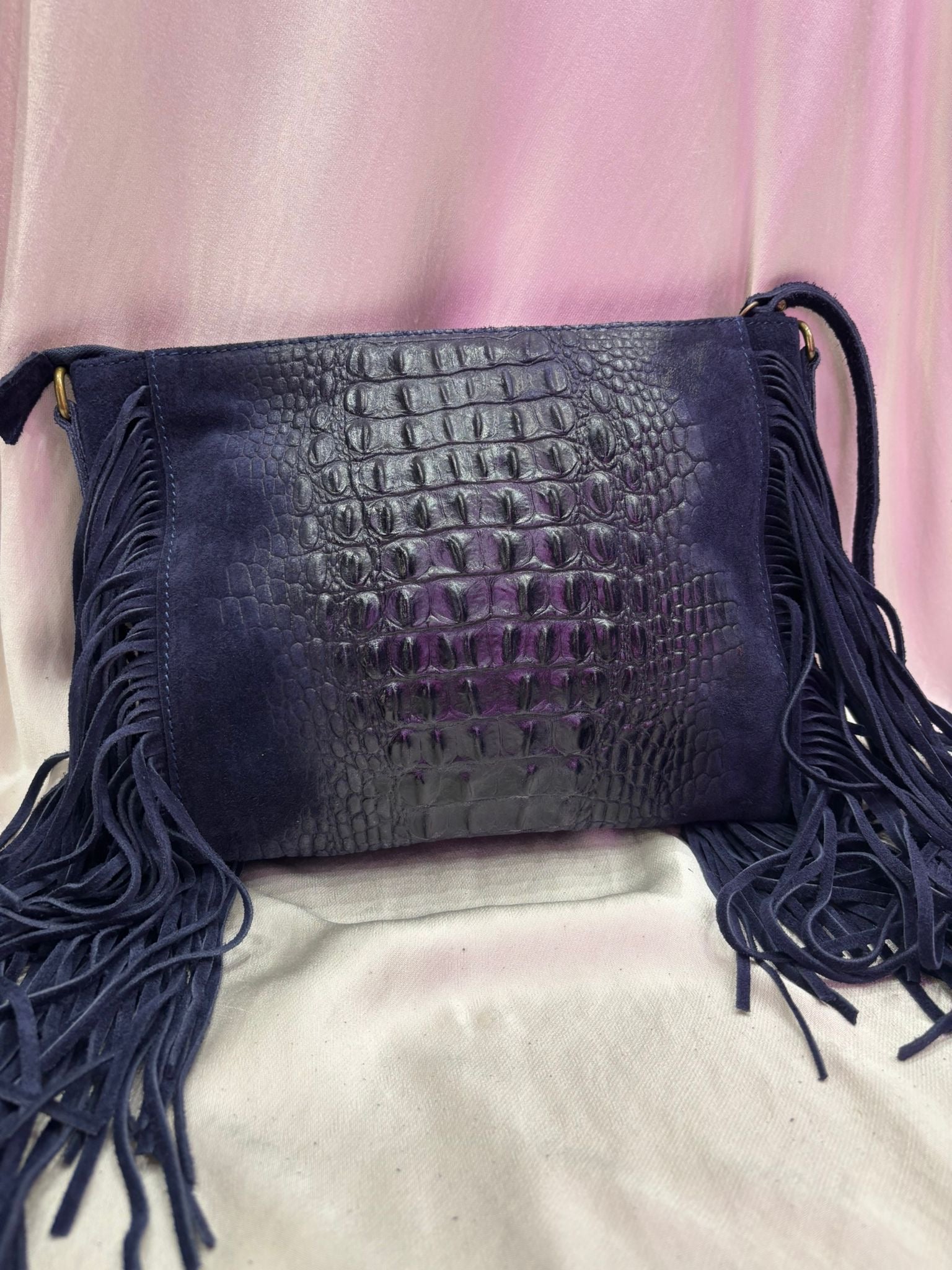 Leather Croc Detail Suede Tassel Crossbody Bag | Navy