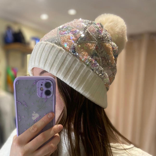 Pom Pom Sequin Beanie | Pink and Silver
