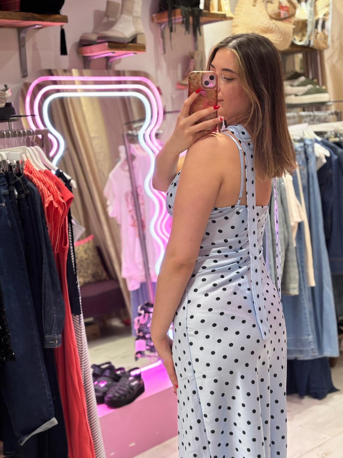 Polka Dot Silky Midi Dress | Pale Blue