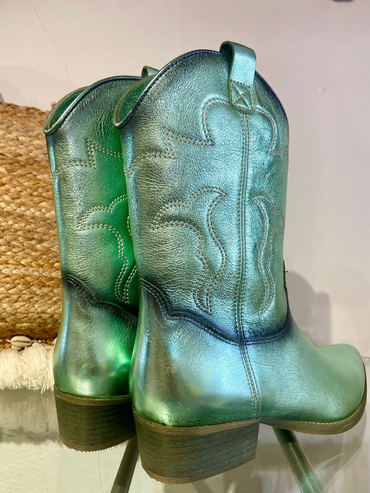Felmini | Long Metallic Leather Cowboy Boot | Aqua