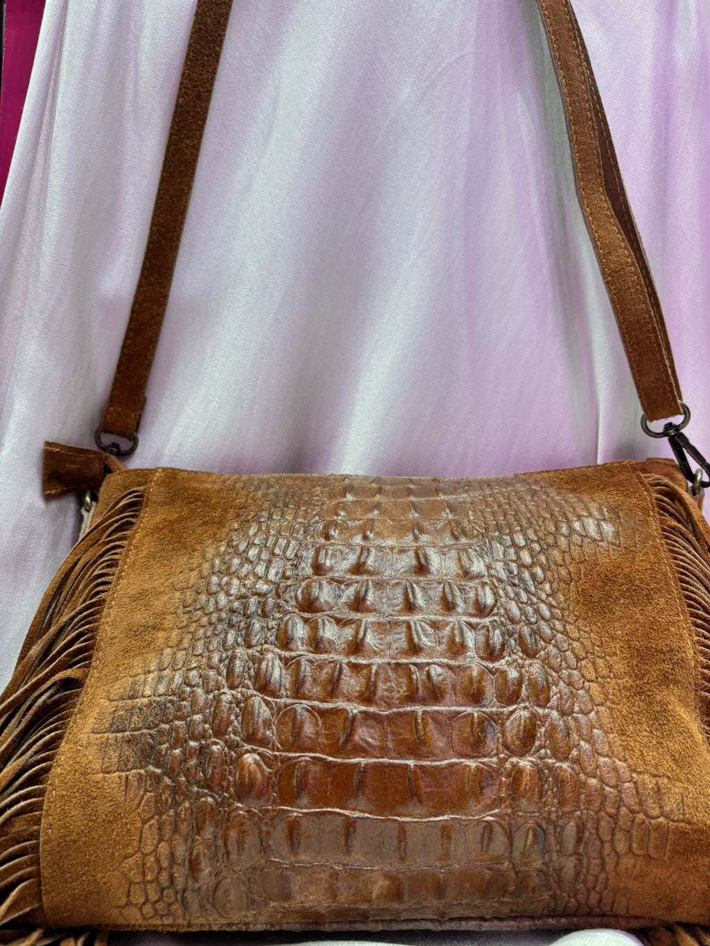 Leather Croc Detail Suede Tassel Crossbody Bag | Tan