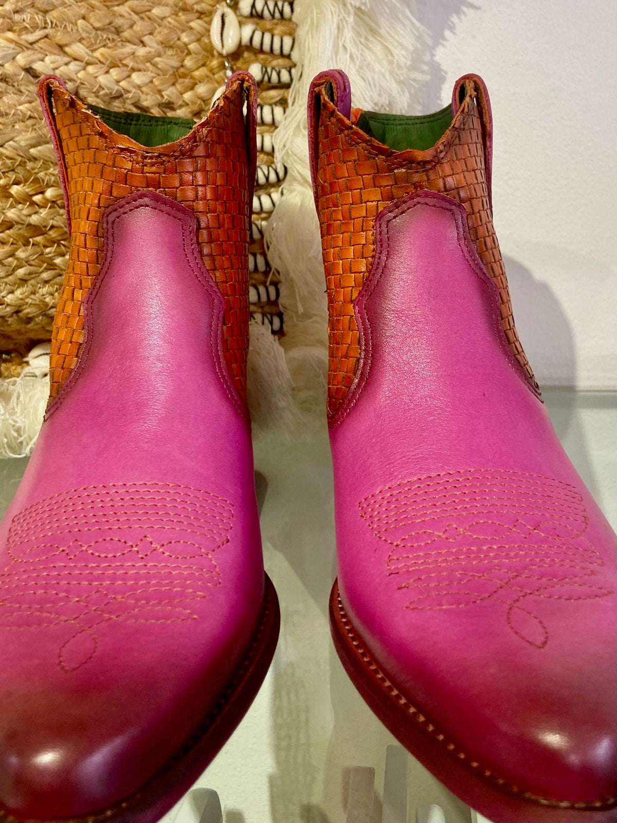 Felmini | Two Tone Leather Ankle Cowboy Boot | Pink/Orange