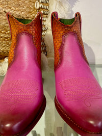 Felmini | Two Tone Leather Ankle Cowboy Boot | Pink/Orange