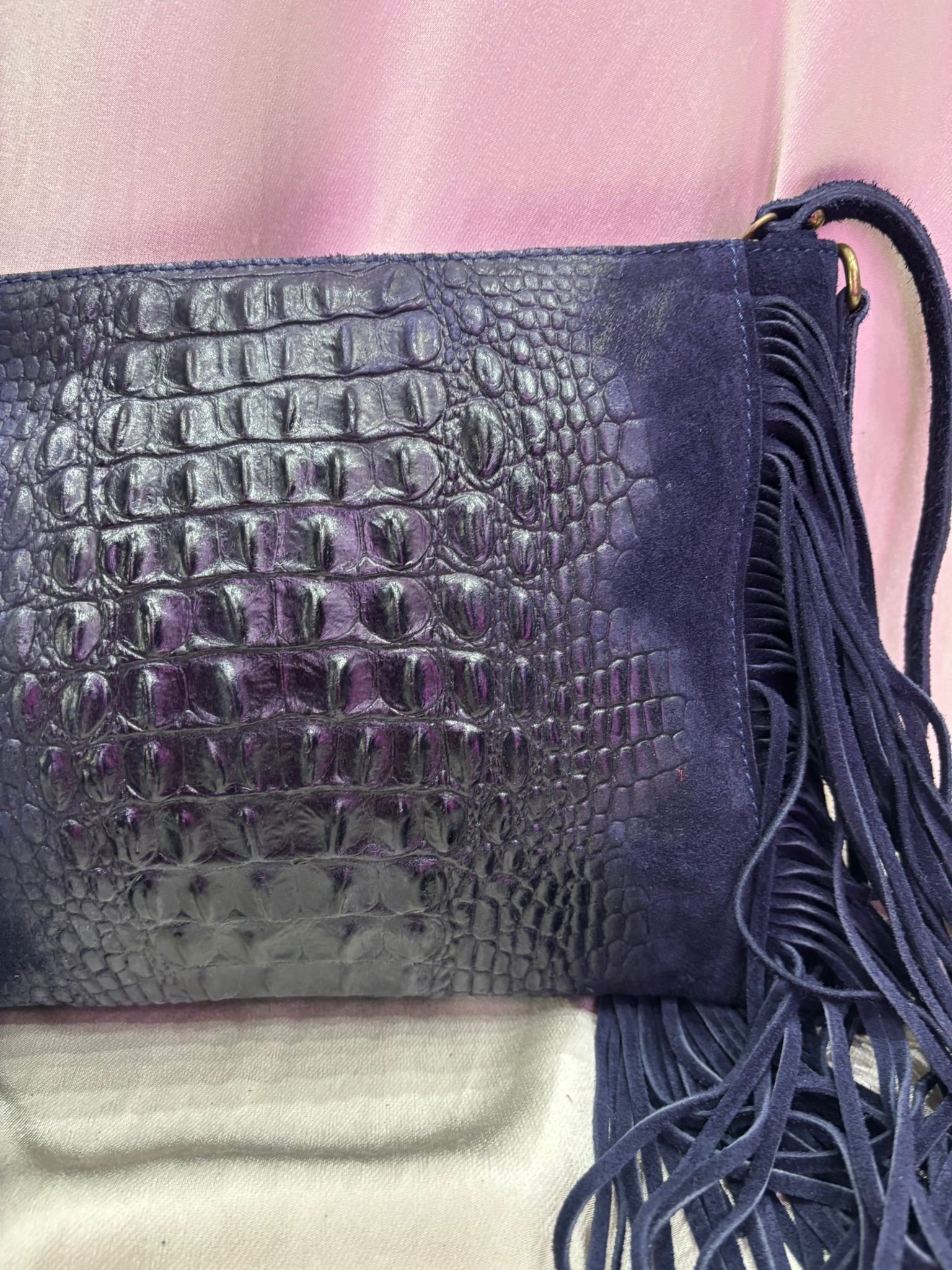 Leather Croc Detail Suede Tassel Crossbody Bag | Navy