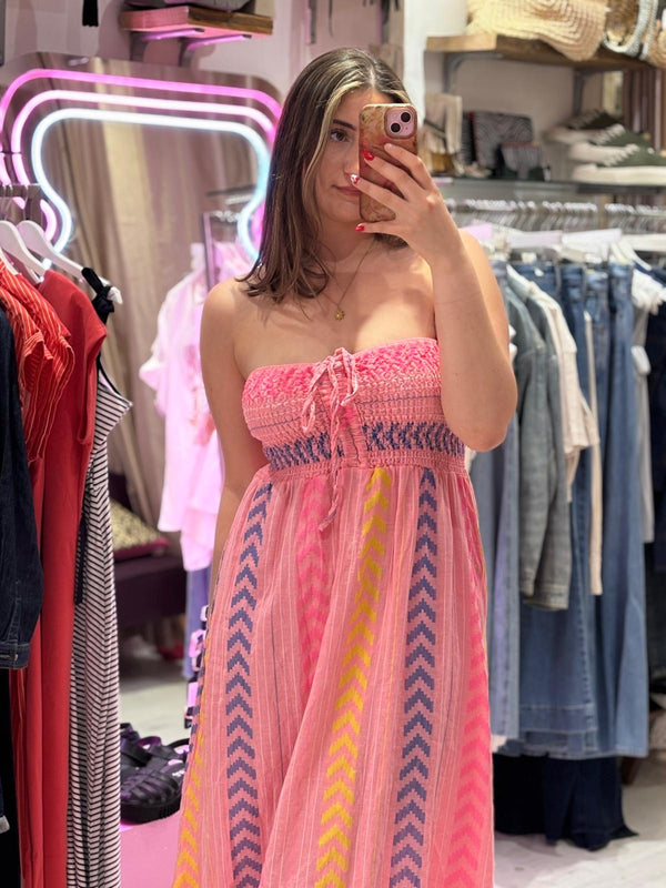 Geometric Print Boho Bandeau Dress | Coral Multi