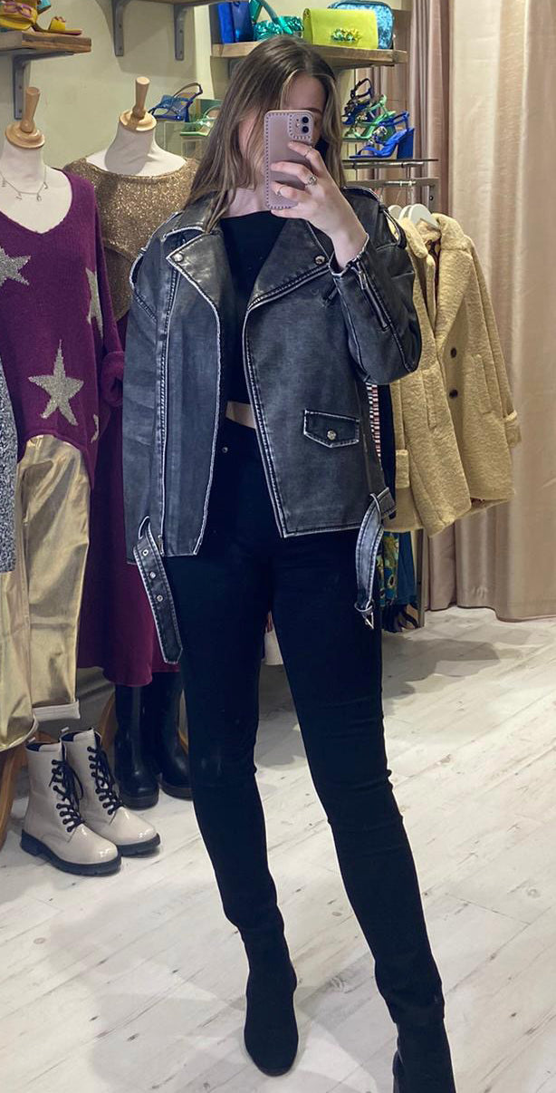 Oversized Distressed Biker Jacket | Black Faux Leather