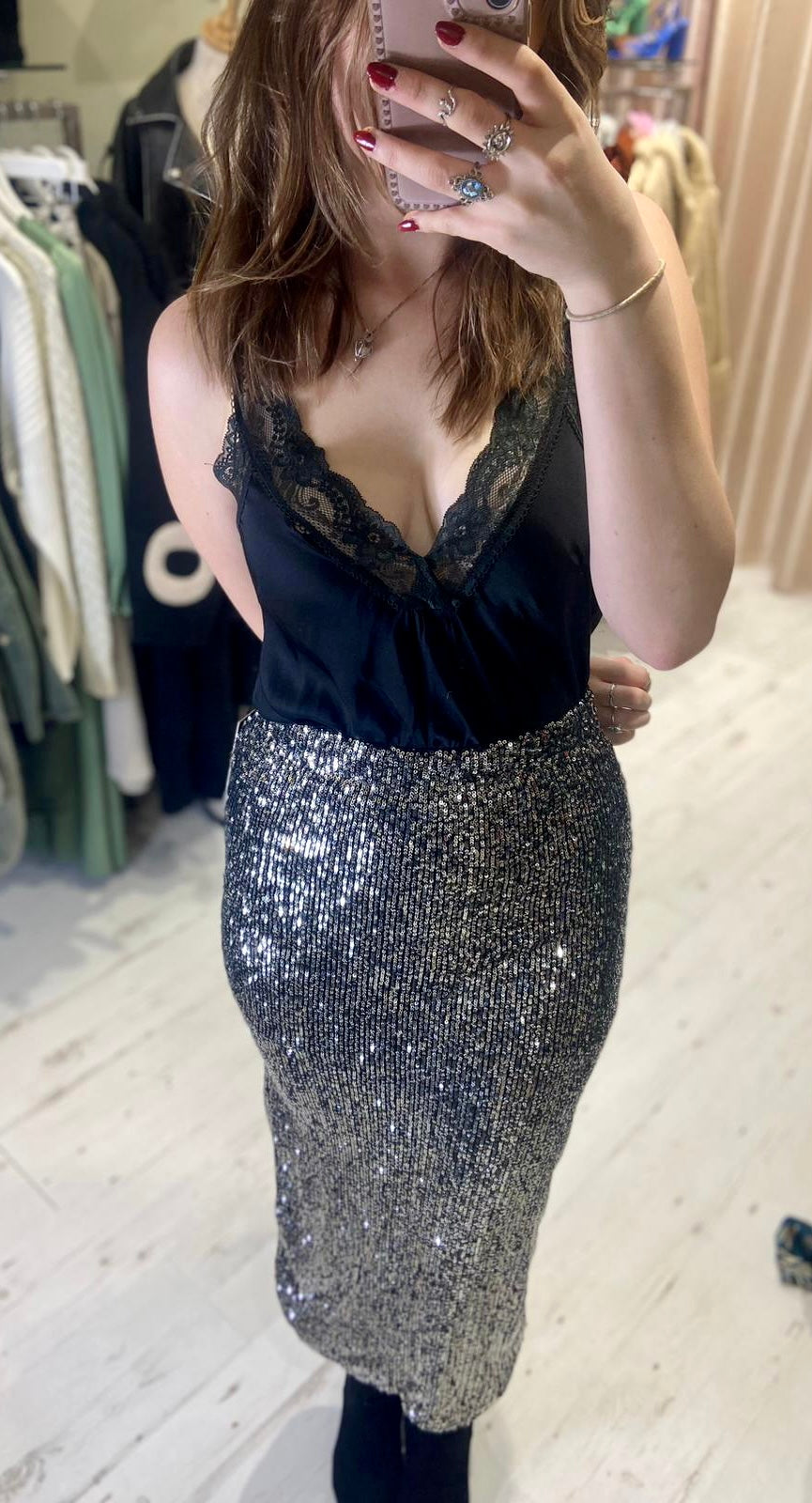 Sofia Sequin Stretch Pencil Skirt | Black/Silver