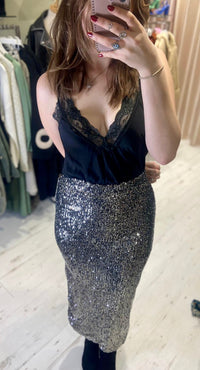 Sofia Sequin Stretch Pencil Skirt | Black/Silver