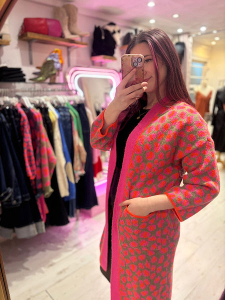 Bright Leopard Print Long Cardigan | Khaki Multi