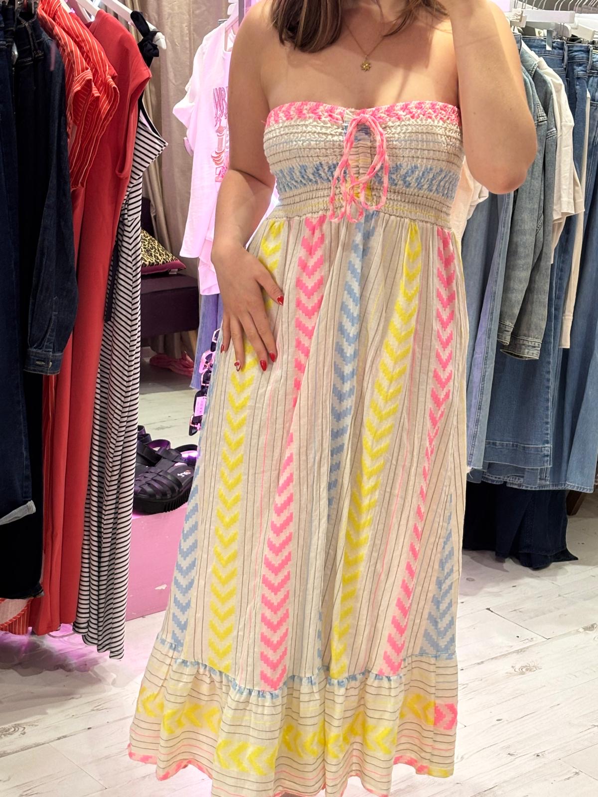 Geometric Print Boho Bandeau Dress | White Multi