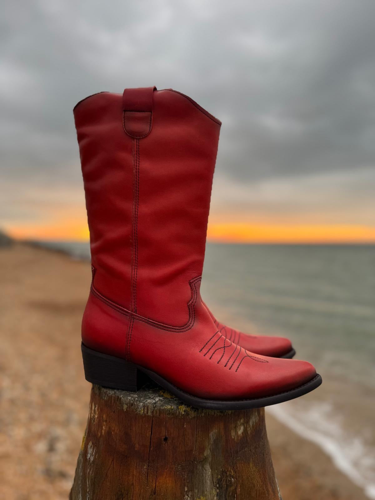 Long Leather Cowboy Boot | Red