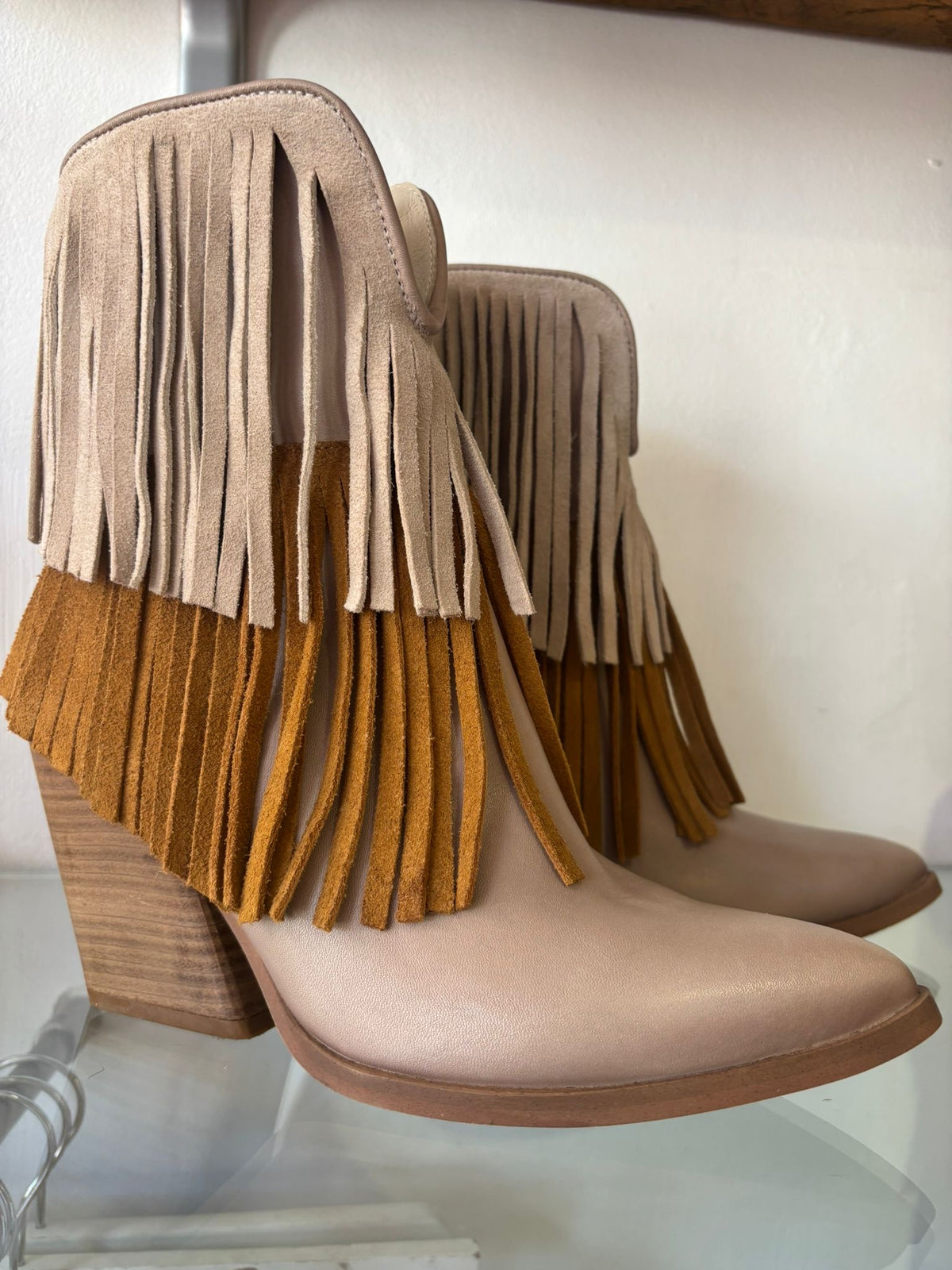 Felmini | Leather and Suede Fringed Heeled Cowboy Boot | Moonlight/Sand