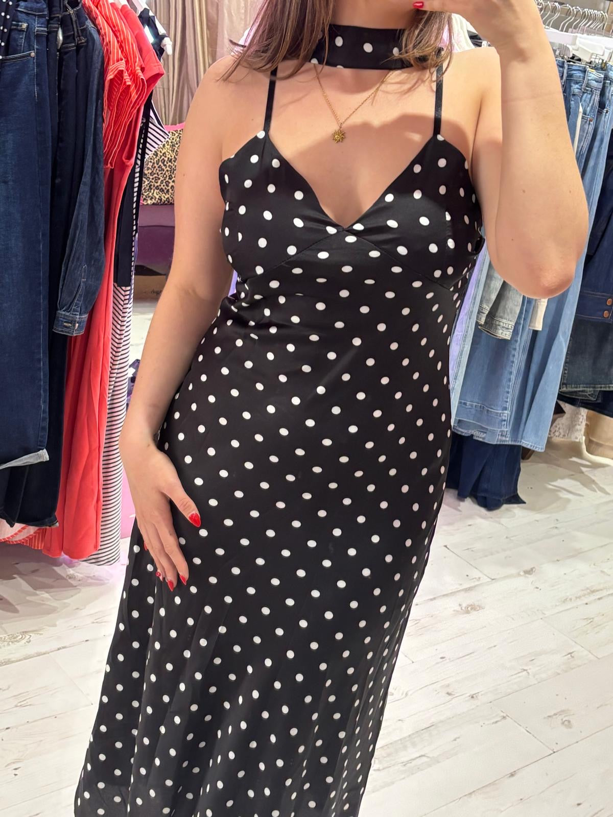 Polka Dot Silky Midi Dress | Black and White
