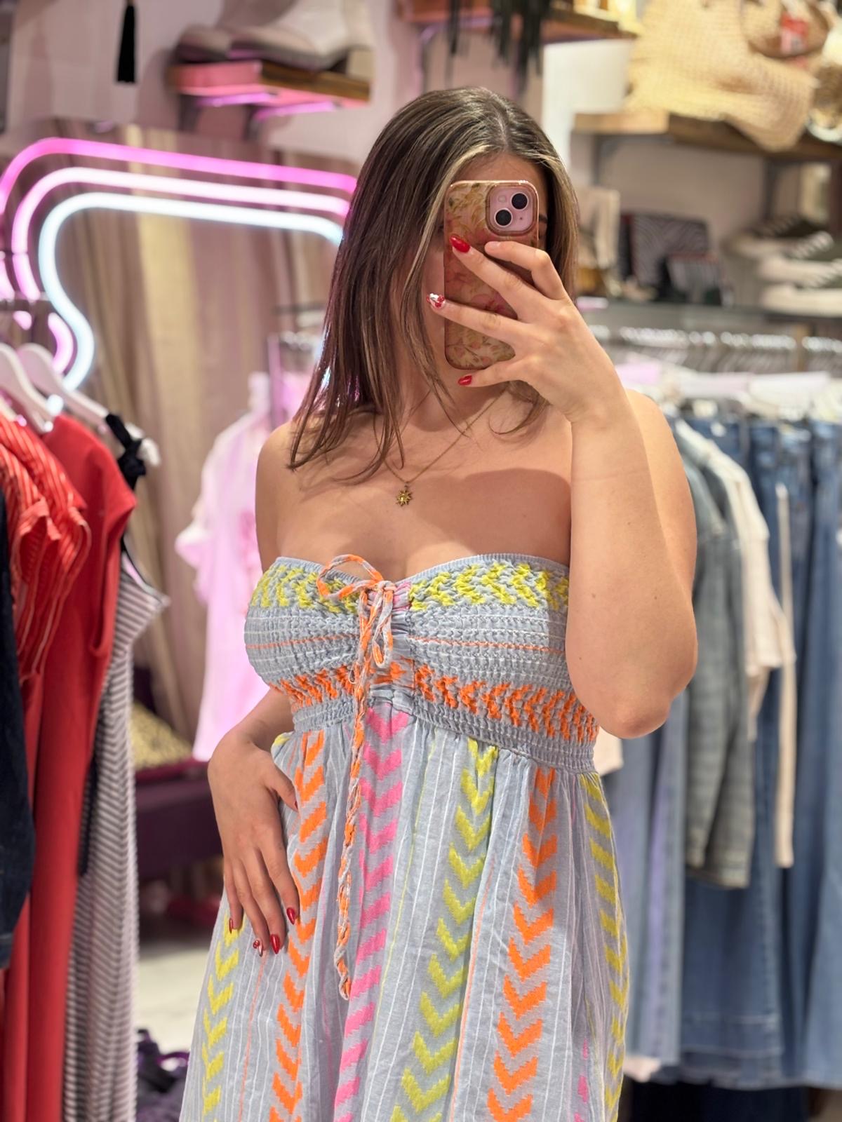 Geometric Print Boho Bandeau Dress | Blue Multi