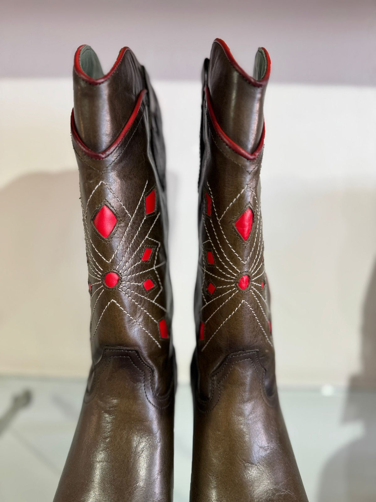 Felmini | Long Leather Cowboy Boot | Green/Red