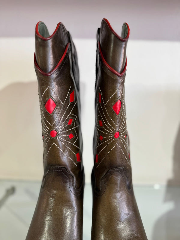 Felmini | Long Leather Cowboy Boot | Green/Red