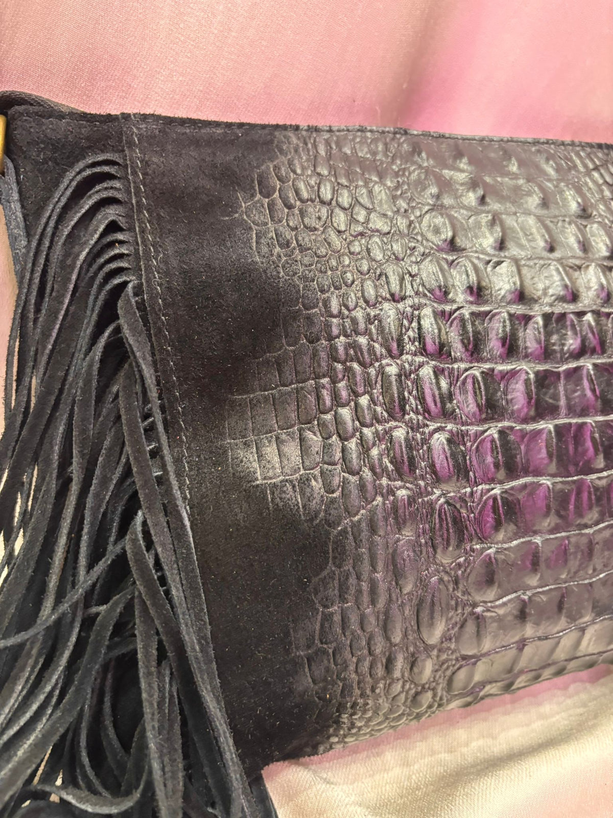 Croc Detail Genuine Suede and Leather Fringed Bag | Olive Green