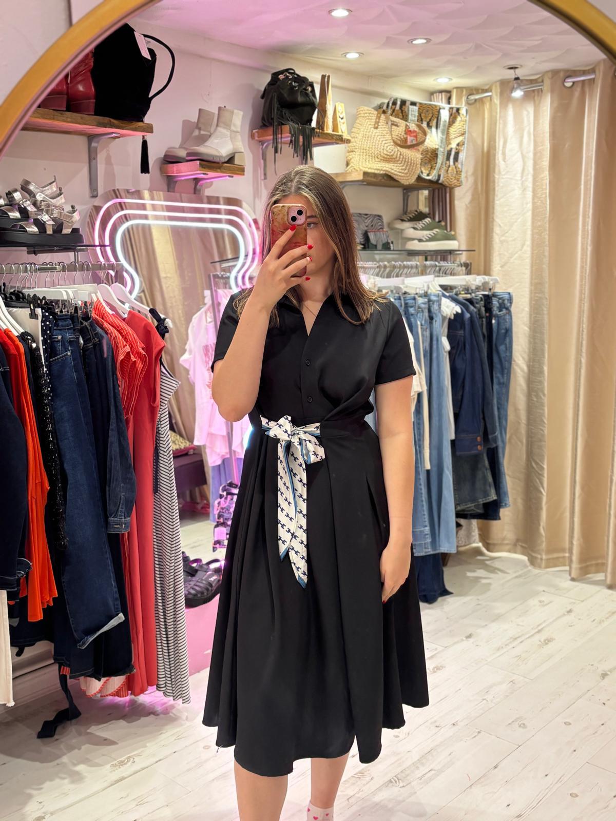 Retro Inspired Shirt Dress with Tie | Black