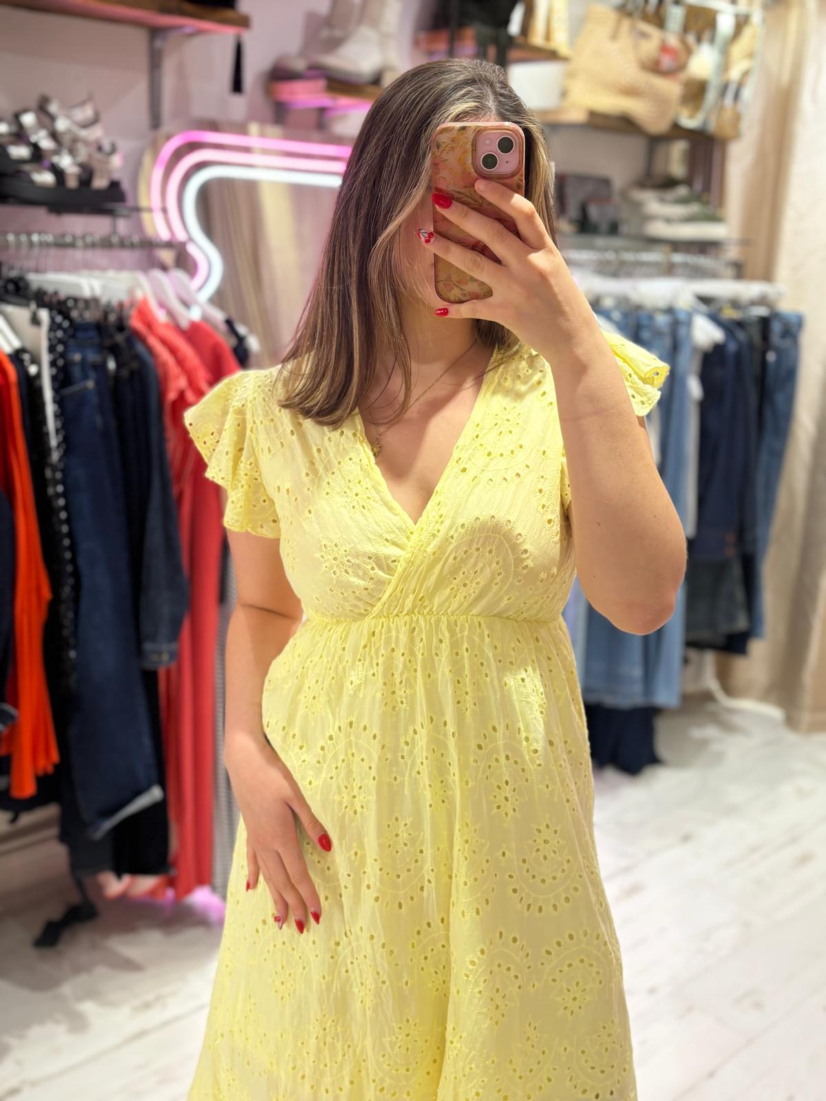 Broderie Anglaise Cotton Midaxi Dress | Yellow