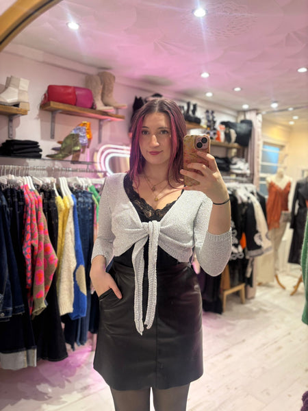 Metallic Knit Tie Front Cardigan | Silver