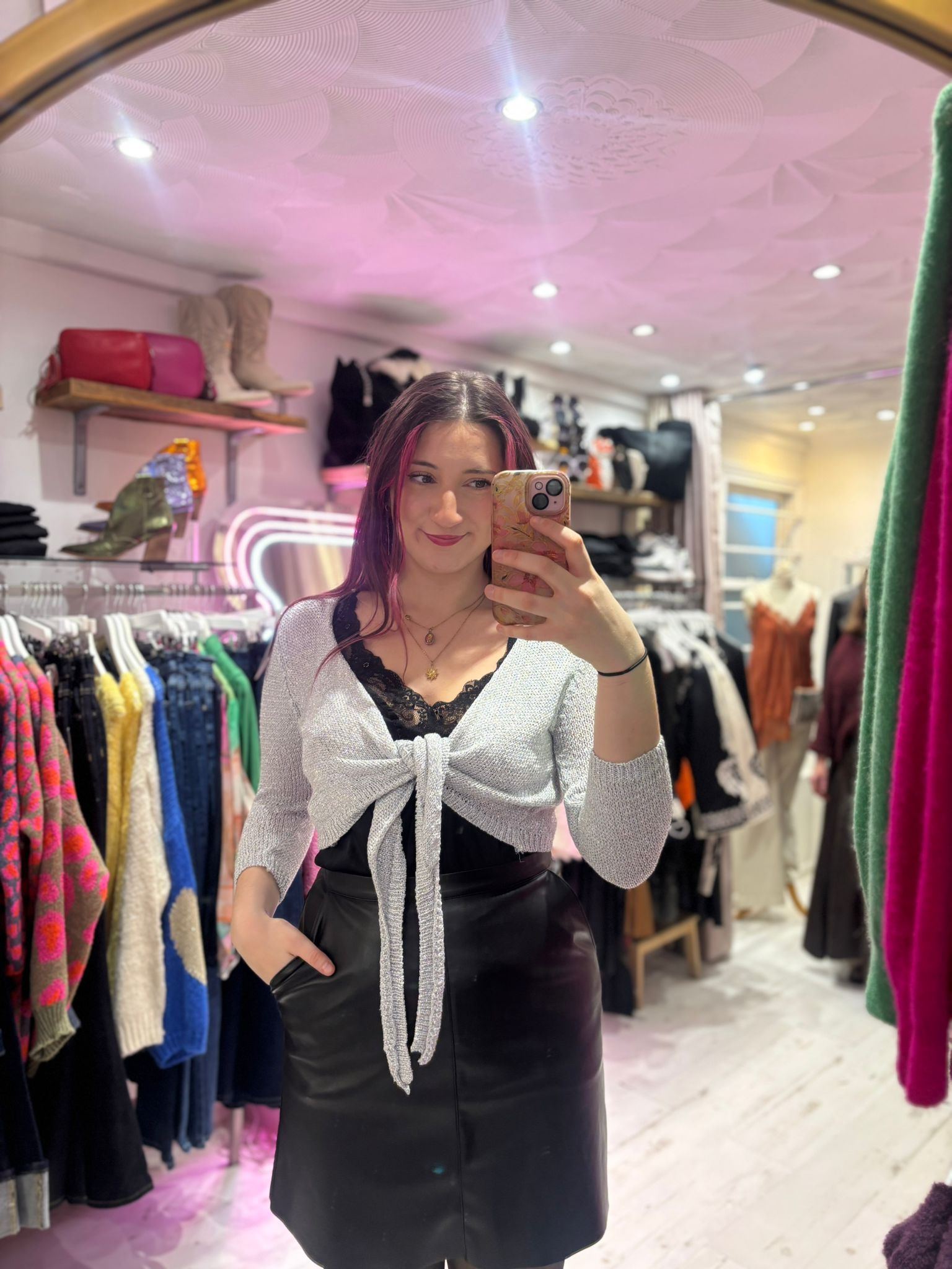 Metallic Knit Tie Front Cardigan | Silver