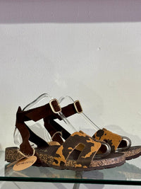 Yokono | JERBA-262 | Cow Print Flat Sandals with Ankle Strap | Beige/Brown