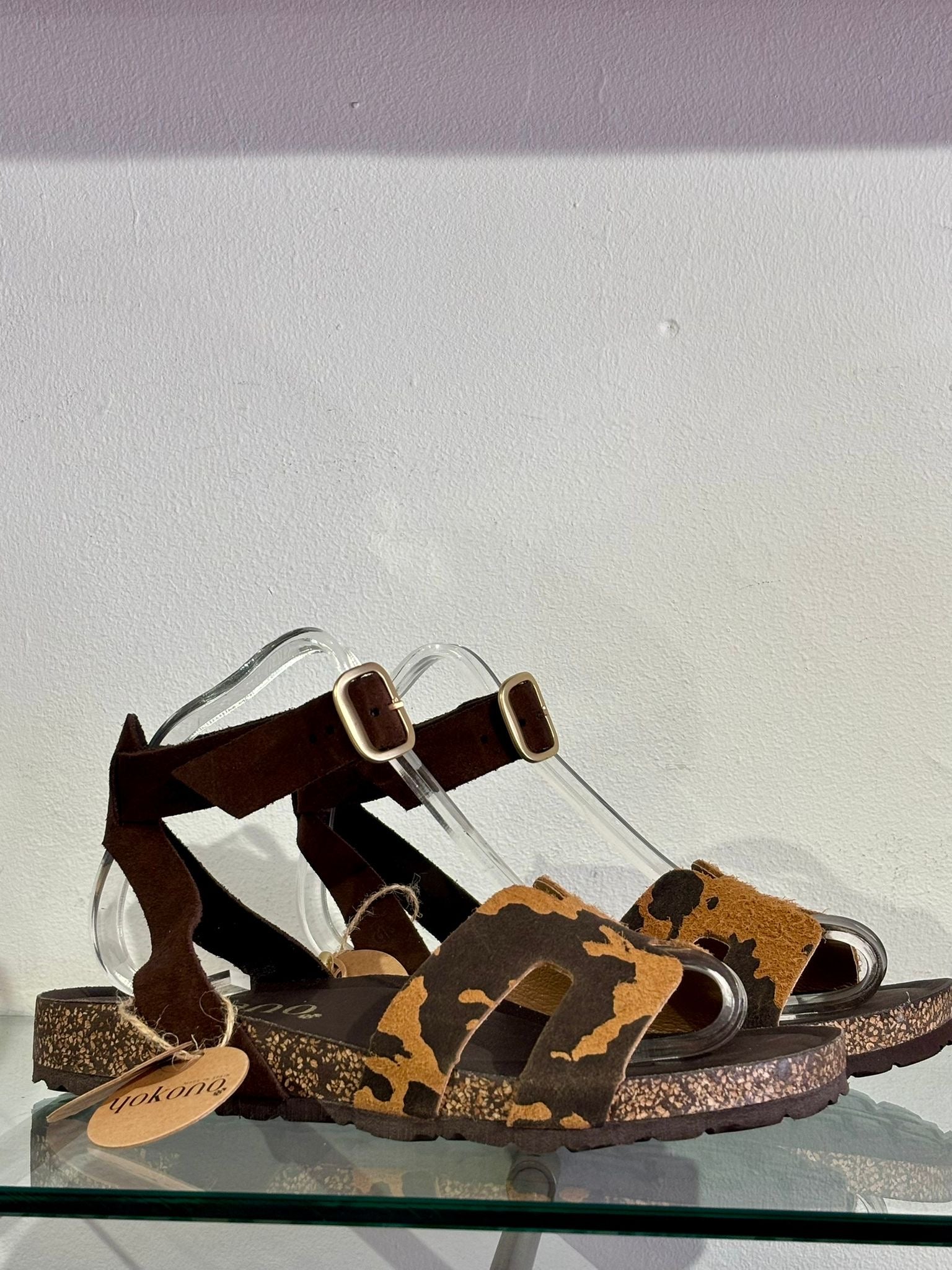 Yokono | JERBA-262 | Cow Print Flat Sandals with Ankle Strap | Beige/Brown