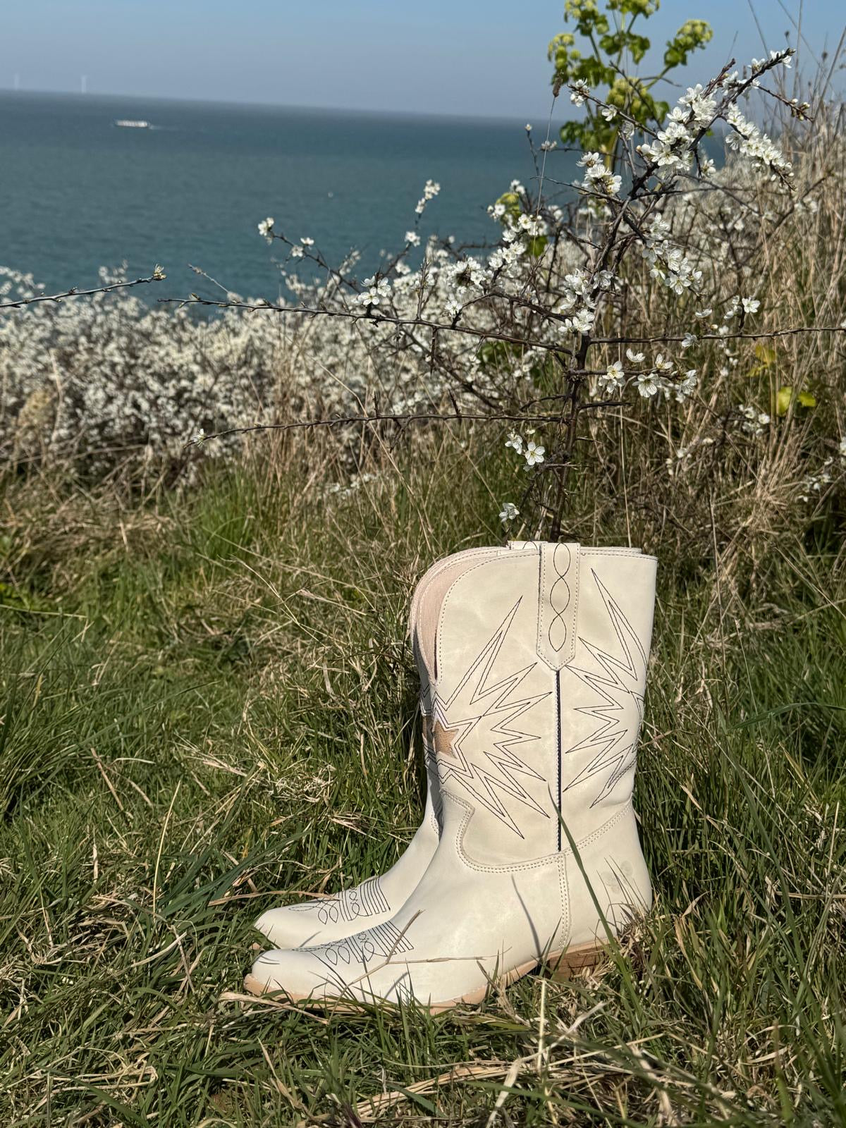 Felmini | Long Leather Cowboy Boot | Cream/Gold