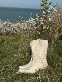 Felmini | Long Leather Cowboy Boot | Cream/Gold