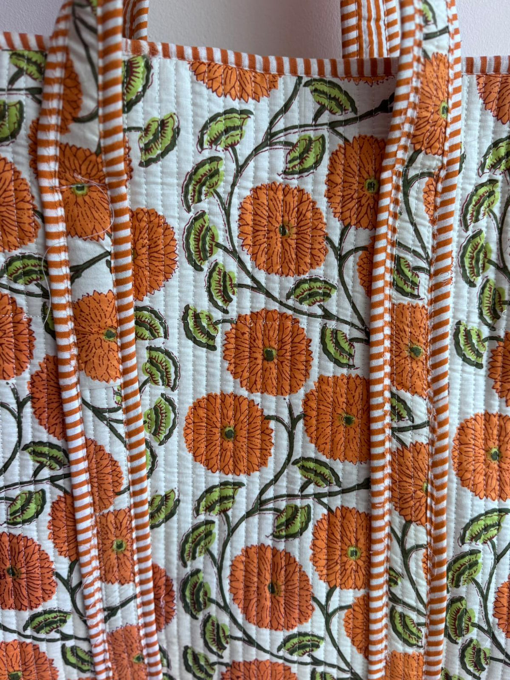 Boho Cotton Quilted Large Tote Bag | Orange Floral